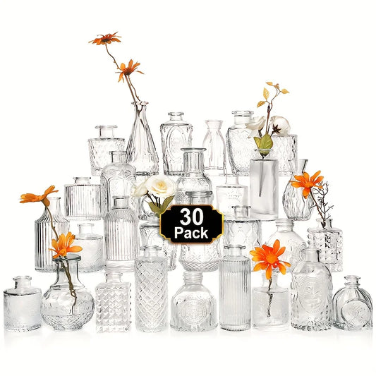 Glass Bud Vases, Bulk, 30 piece set, Cute Vintage Glass