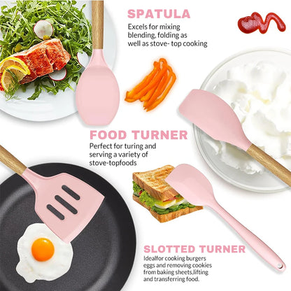 Kitchen Utensils, Silicone and Wooden Handles  12 Pieces