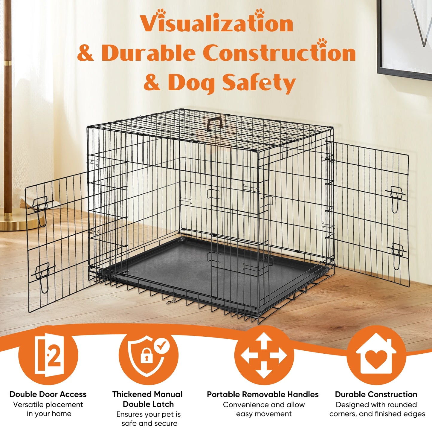 Double Door Folding Metal Wire Dog Case W/Plastic Leak-Proof Tray. Extra Large Pet Kennel for indoor-Outdoor, Travel