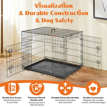 Double Door Folding Metal Wire Dog Case W/Plastic Leak-Proof Tray. Extra Large Pet Kennel for indoor-Outdoor, Travel