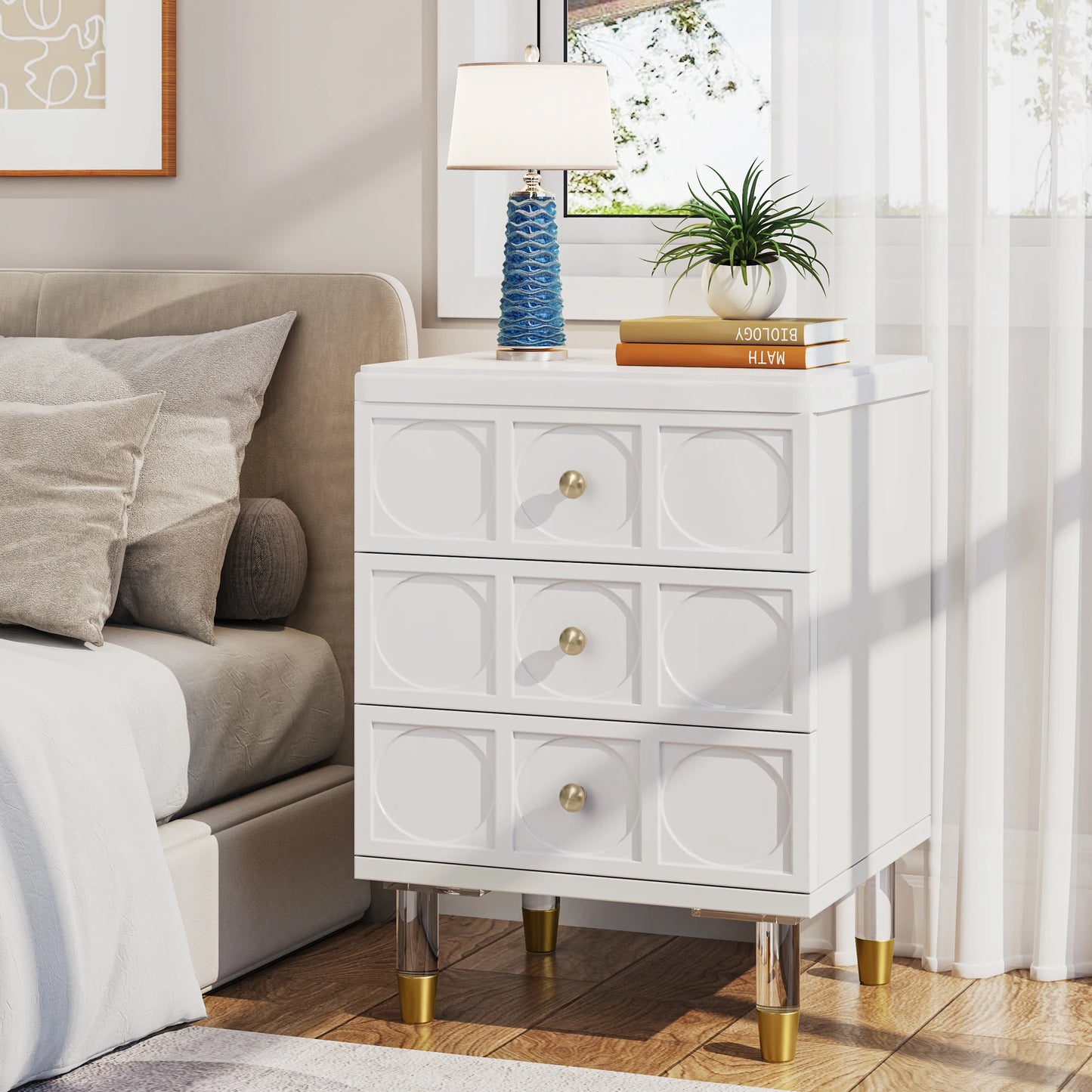 3 Drawer Nightstand Tall White and Gold W/Storage