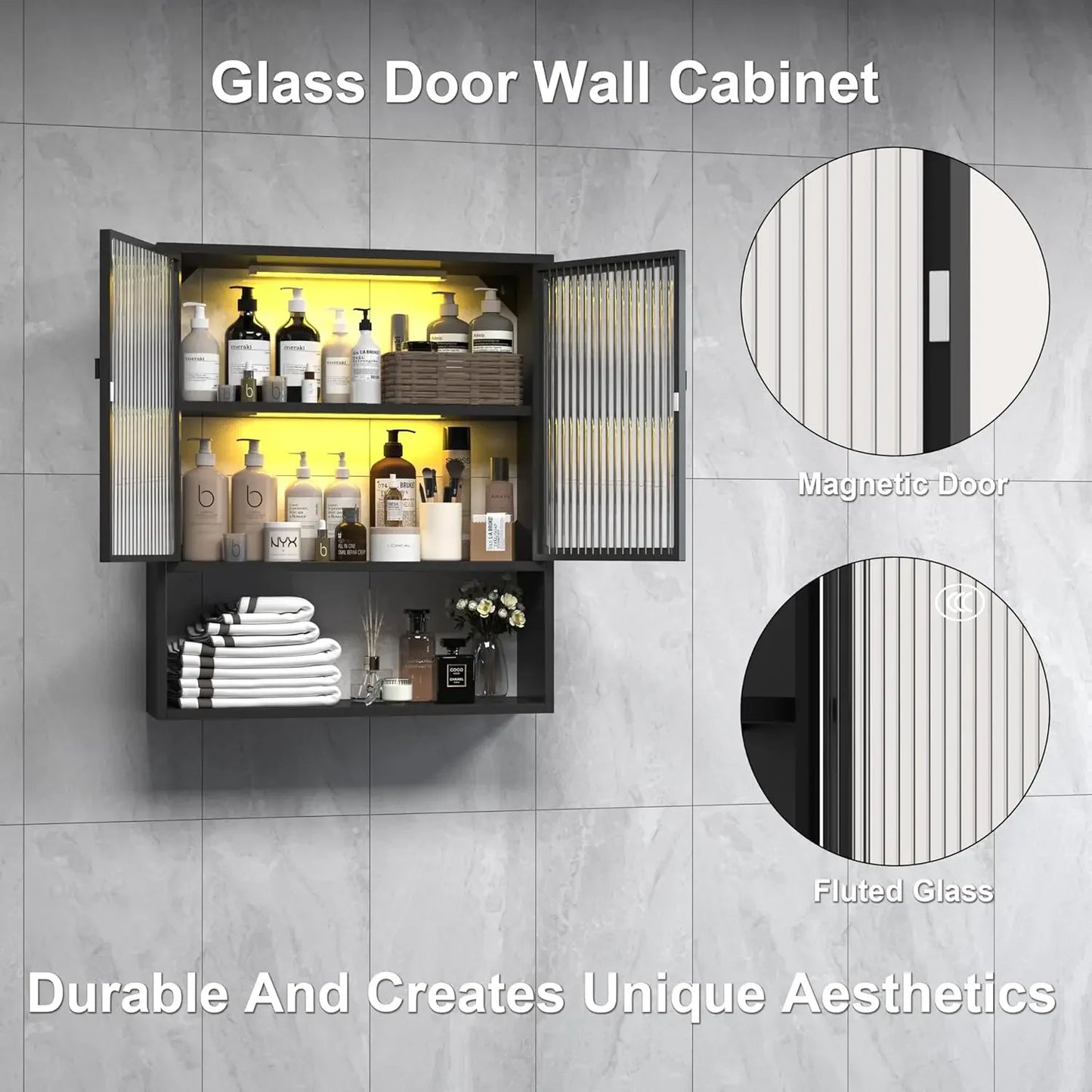 Bathroom Cabinet Wall Mount, Metal w/Glass Doors, LED Light