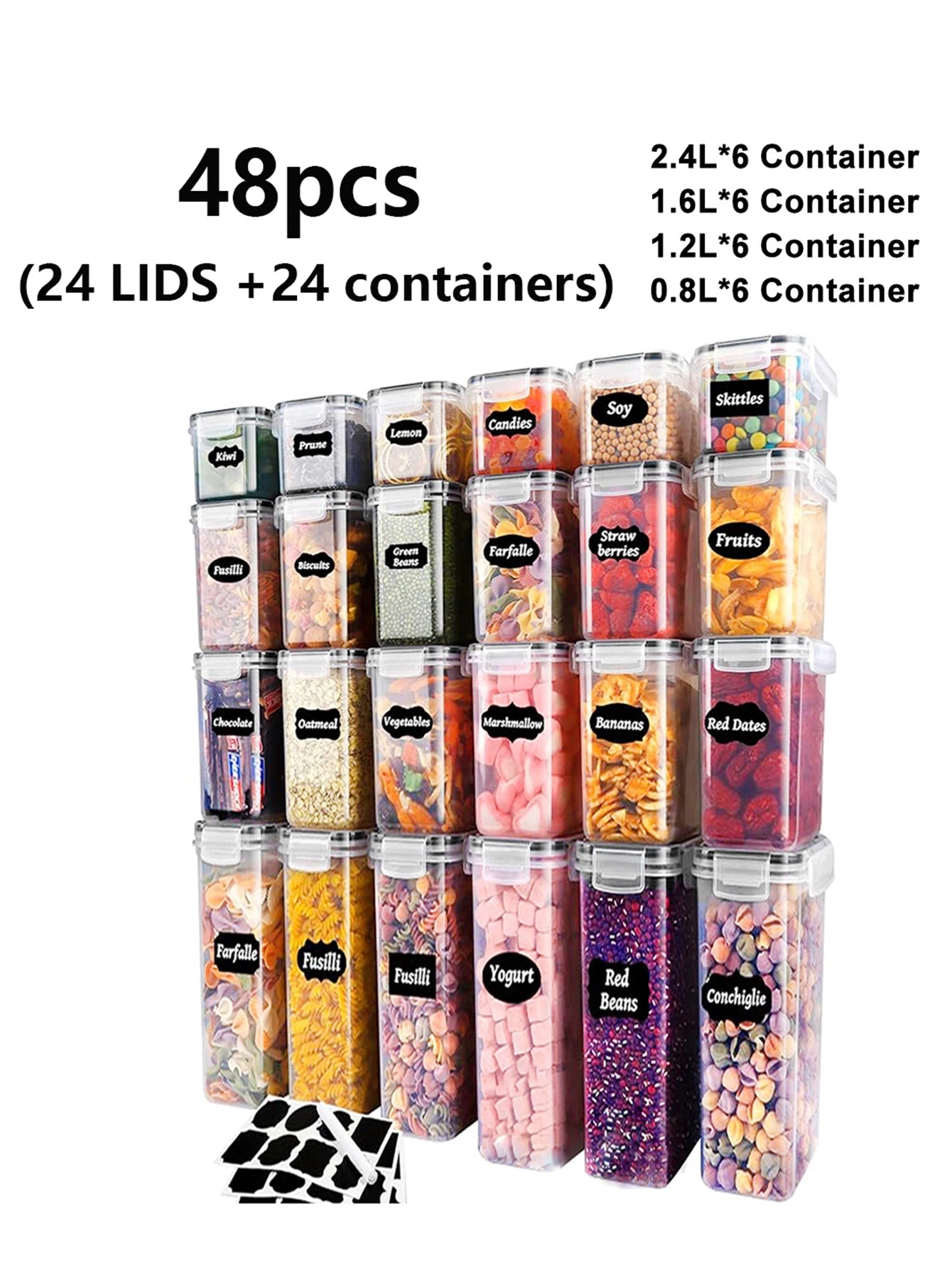 48 pcs, Sealed Food Storage Containers w/Lids and Labels, Kitchen Pantry