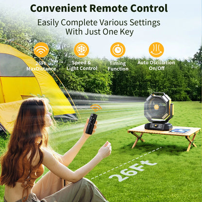 40000mAh Camping Fan, Battery operated fan with 4 LED Light, 8 Speed, Remote Portable Rechargeable Outdoor