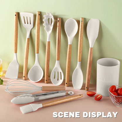 Kitchen Utensils, Silicone and Wooden Handles  12 Pieces