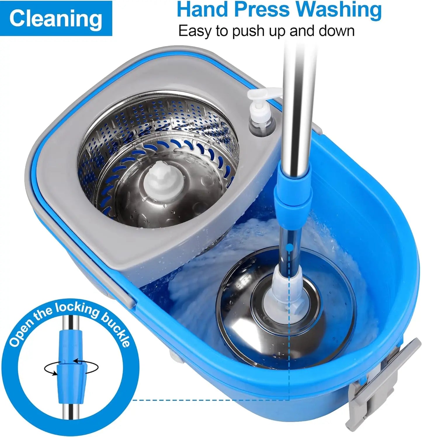 Blue Spin Mop Bucket Sets 360 degree, Spinning Cleaning Tools W/3 Replacement Heads