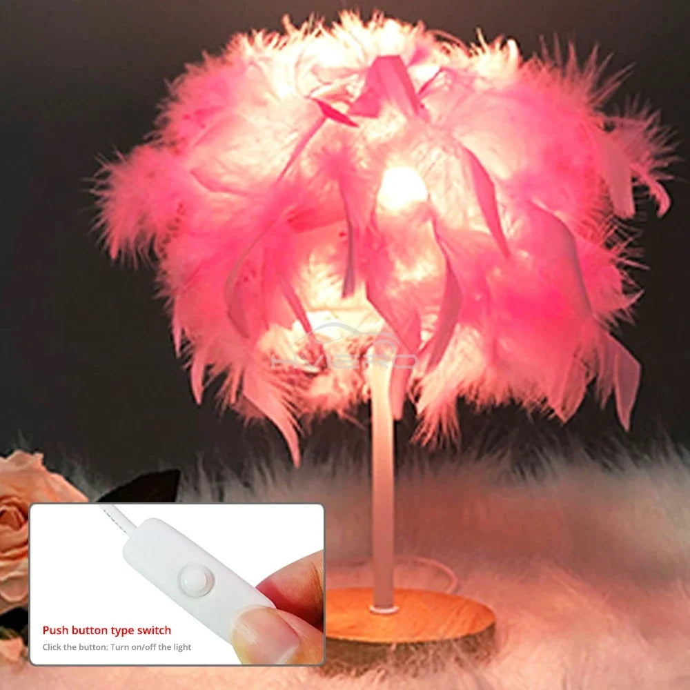 LED Warm Small Table Lamp, Romantic Creative Feather, Girls Bedroom Bedside Table