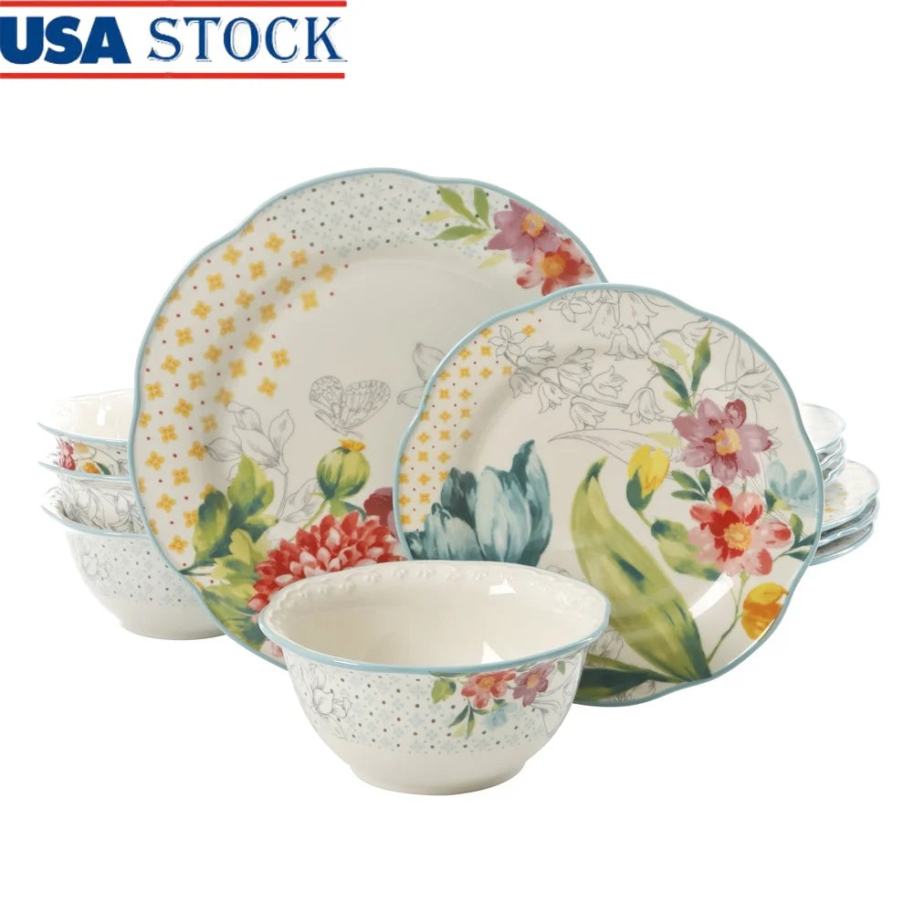 Blooming Bouquet 12 pc Dinnerware Set Stoneware Plates Bowls, Dishwasher Safe