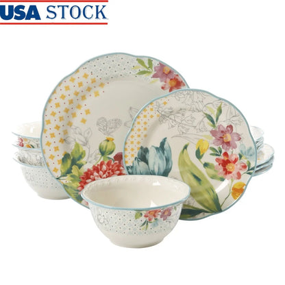 Blooming Bouquet 12 pc Dinnerware Set Stoneware Plates Bowls, Dishwasher Safe