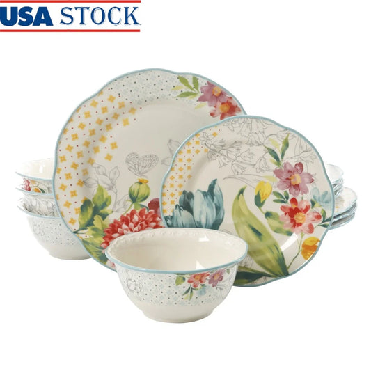 Blooming Bouquet 12 pc Dinnerware Set Stoneware Plates Bowls, Dishwasher Safe