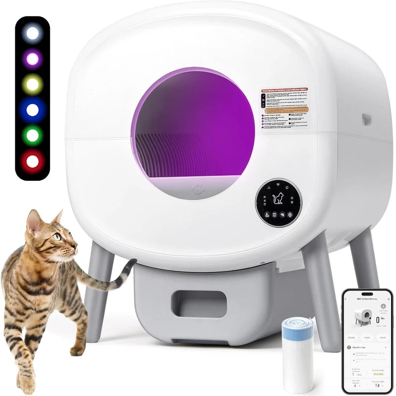 Extra Large Automatic Litter Box Self Cleaning for Multiple Cats, Odor-Free, App-Controlled, Ambient Light Waste Disposal