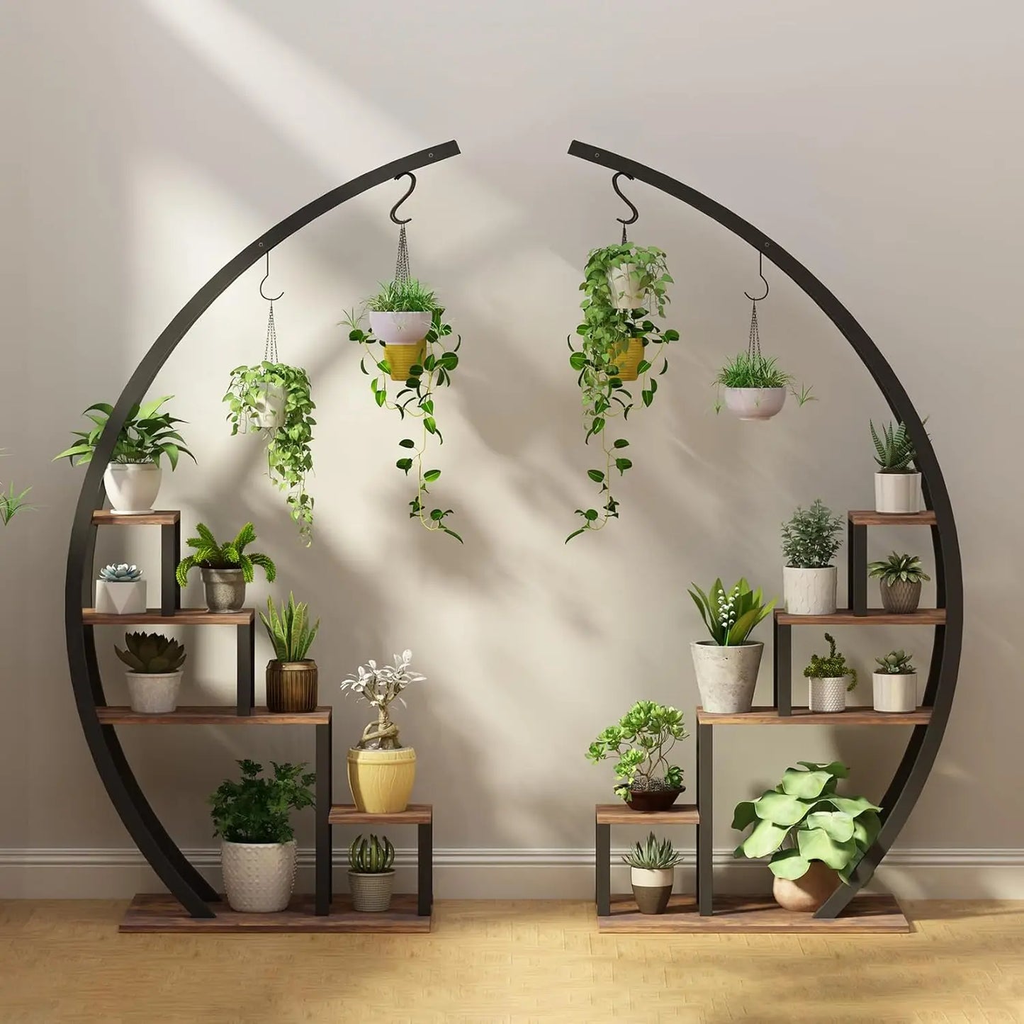 2 Pcs 5-Tier Metal Plant Stand, Half Moon Shape, Tall Garden Plant Holder