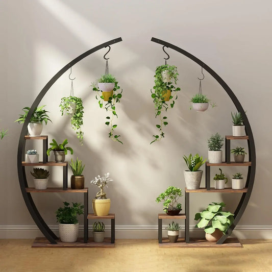 2 Pcs 5-Tier Metal Plant Stand, Half Moon Shape, Tall Garden Plant Holder