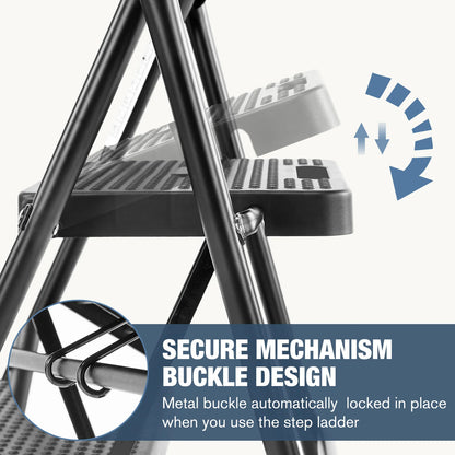 Folding 2/3 Step Ladder Stool with Anti-Slip Pedal 800lbs Capacity, Sturdy Steel