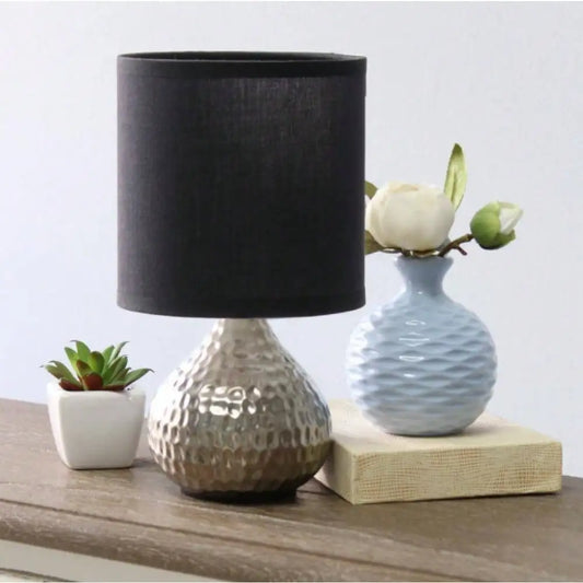 9.25" Silver and Black Hammered Drip Mini Table Lamp for Bedroom Nightstand