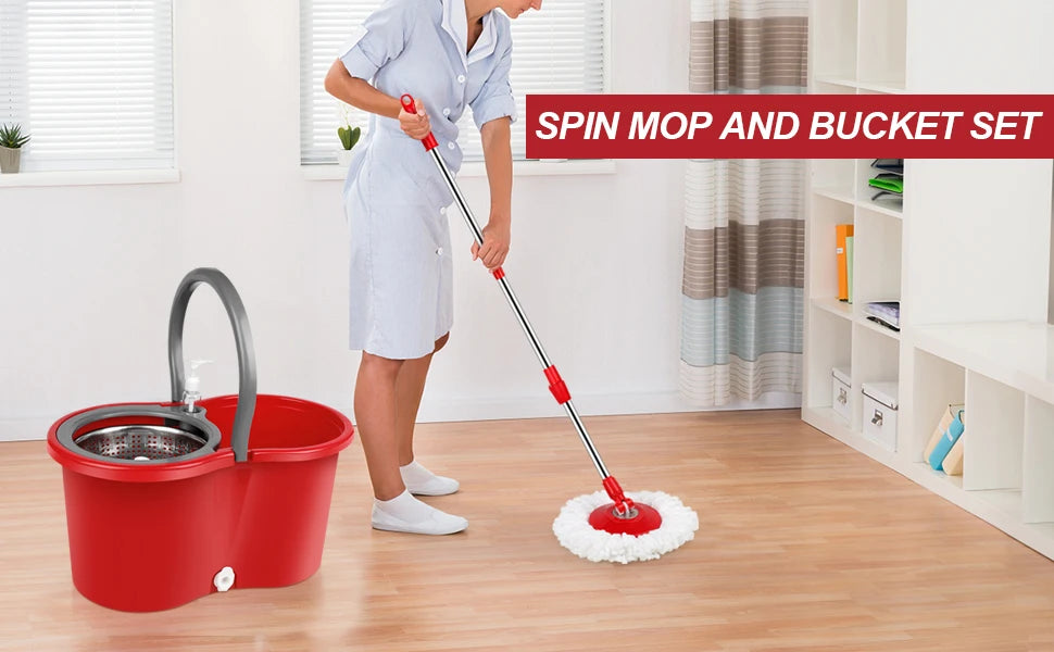 Spin Mop Bucket System W/Wringer Set, 3 pcs Mop Heads, Extendable Pole