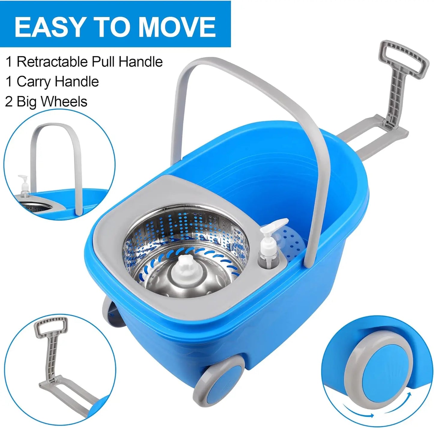 Blue Spin Mop Bucket Sets 360 degree, Spinning Cleaning Tools W/3 Replacement Heads