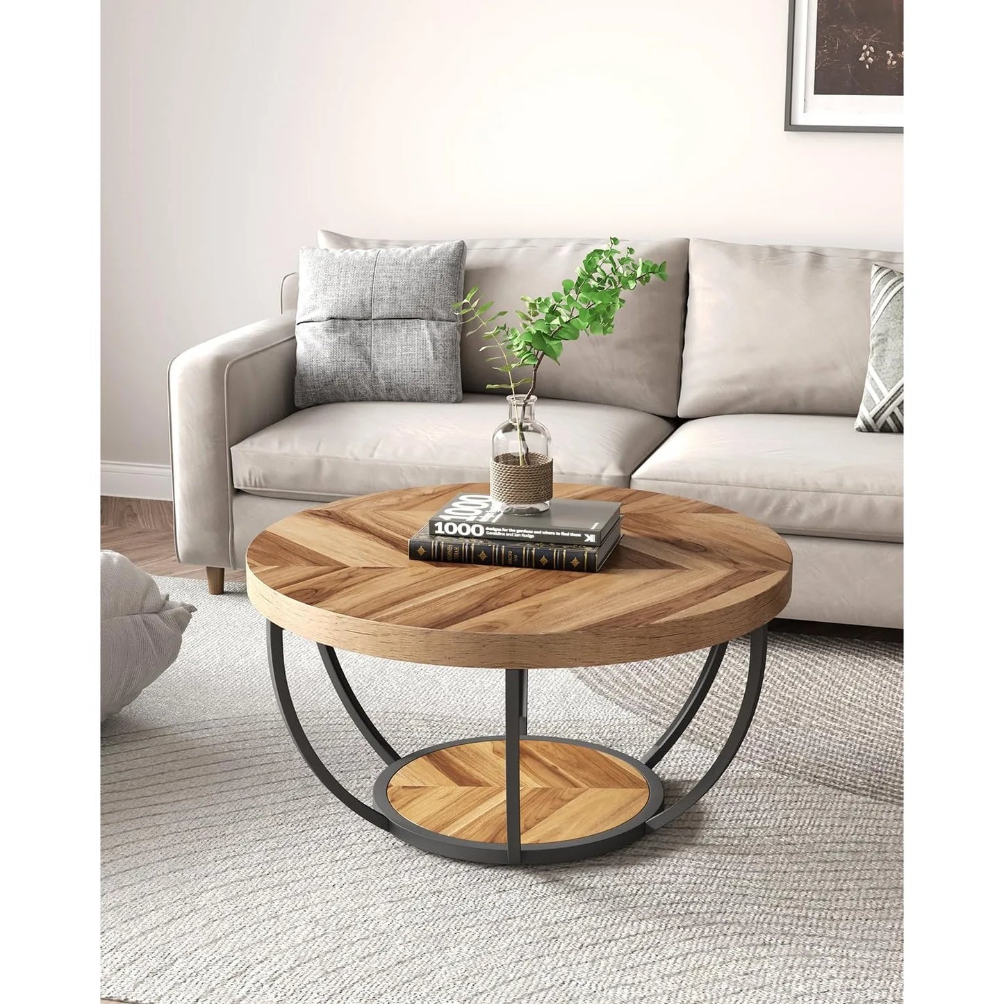 Round Coffee Table, 32" for Living Room, 2 Tier Table W/Open Storage Design