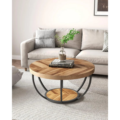 Round Coffee Table, 32" for Living Room, 2 Tier Table W/Open Storage Design