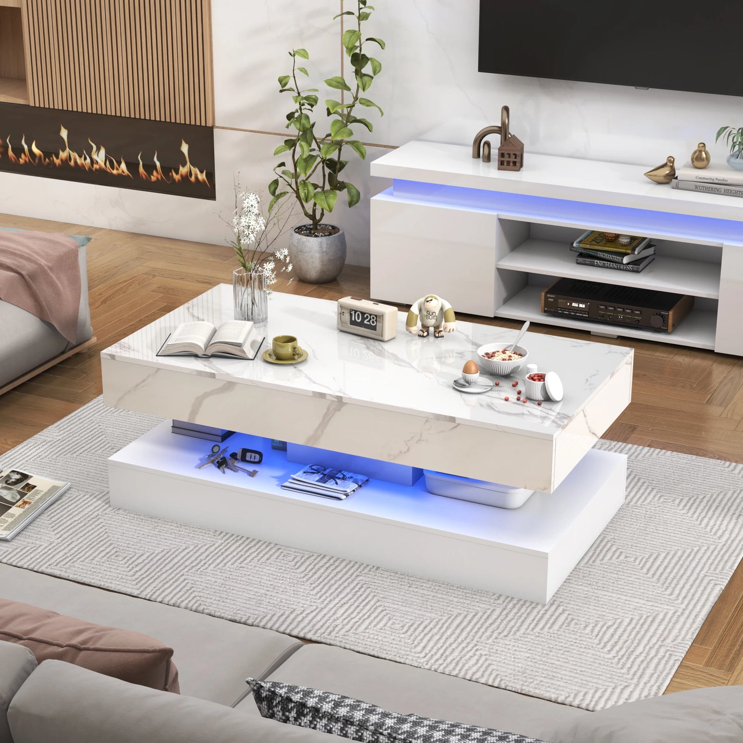 Modern Stylish Coffee Table W/LED lights, Double-Layer Design