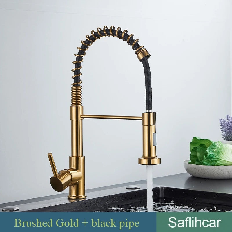 Brushed Gold Kitchen Sink Faucet Spring Pull-down Hot Cold Mixer