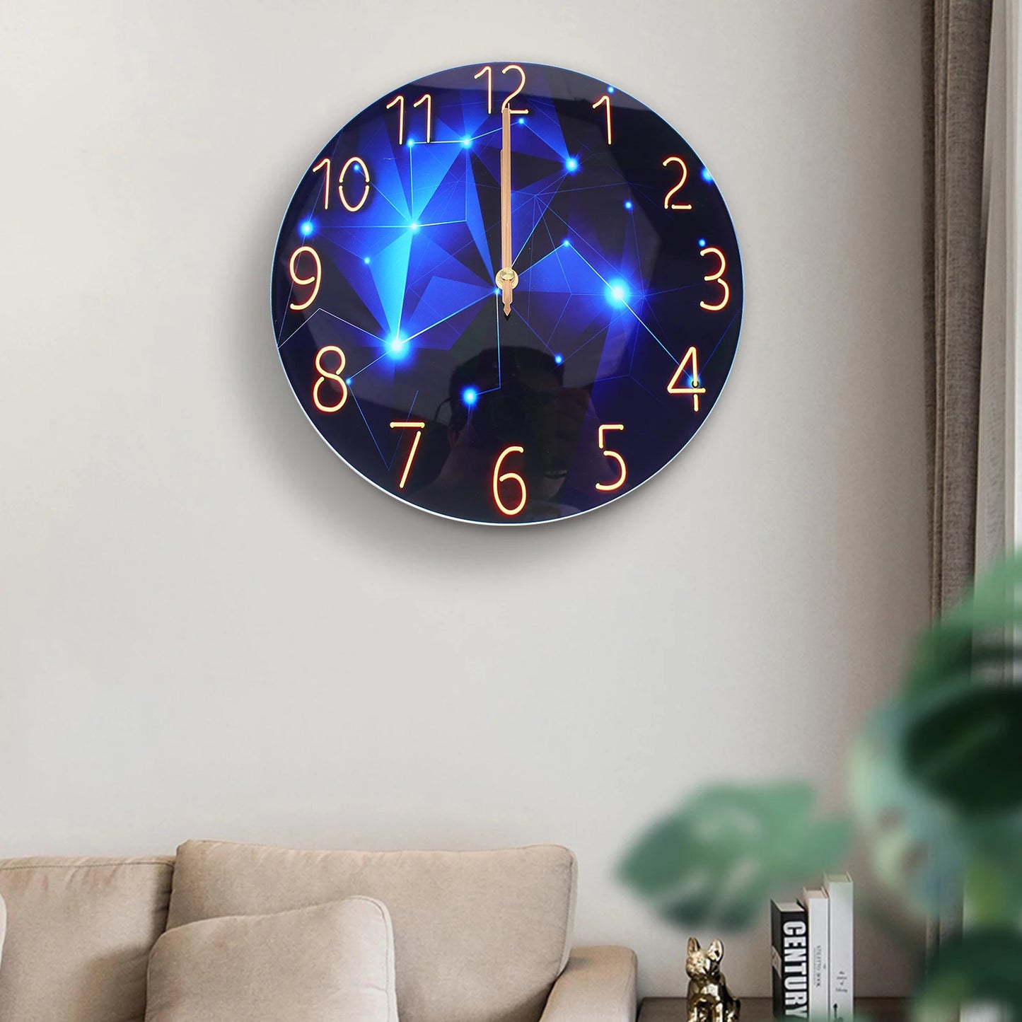 12" Round Ultra-Thin Tempered Glass Wall Clock, Blue Modern, Diamond Large Wall Clock