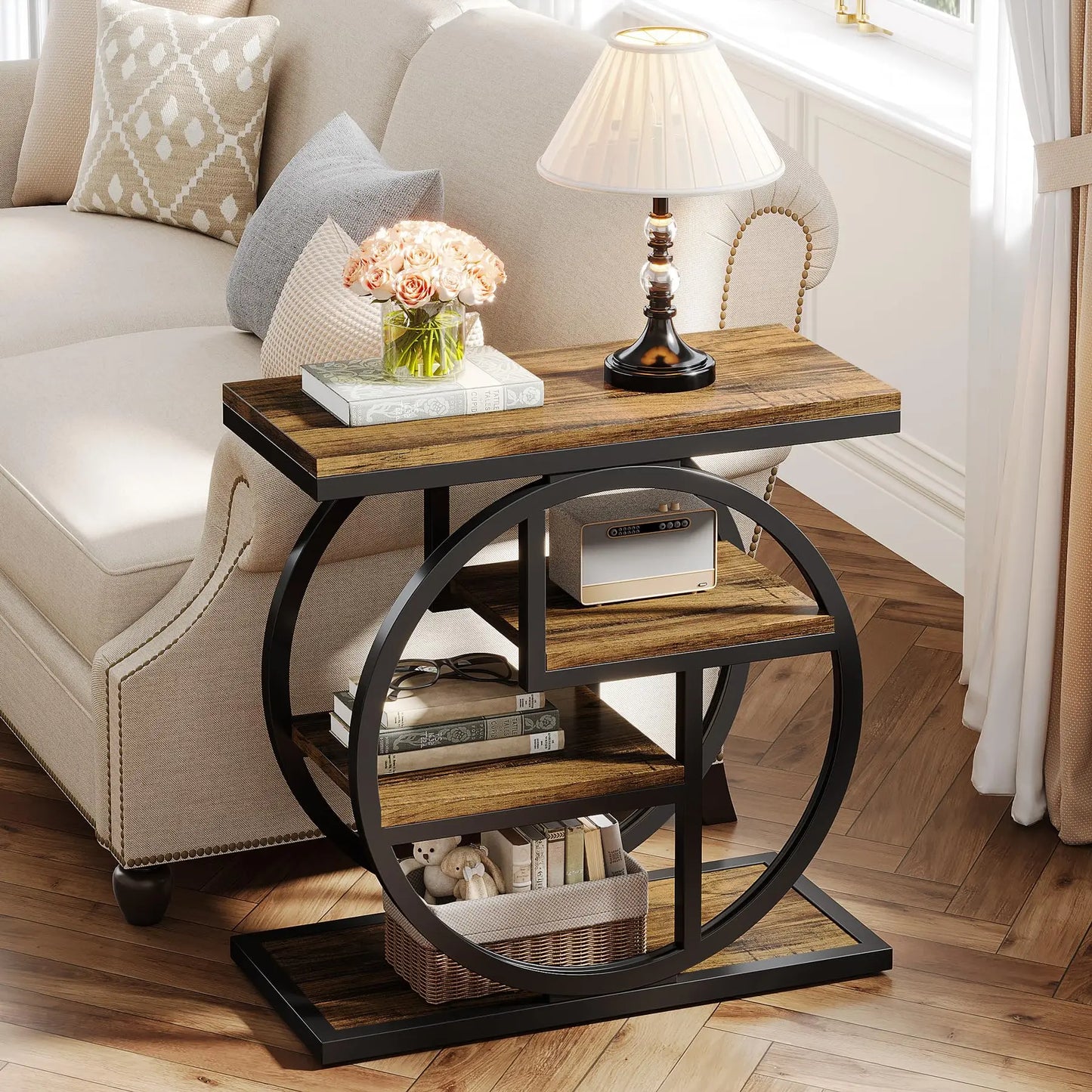 End Table for Living Room, 4 Tier Narrow side Table with Storage Shelves
