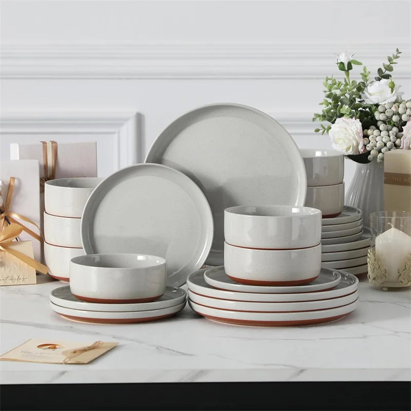 18Pcs Grey Ceramic Plates and Bowls Dinnerware Set. Stoneware Tableware Porcelain Food Dishes, Dinner Tray, Salad Bowl