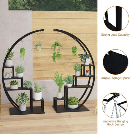 2 Pcs 5-Tier Metal Plant Stand, Half Moon Shape, Tall Garden Plant Holder