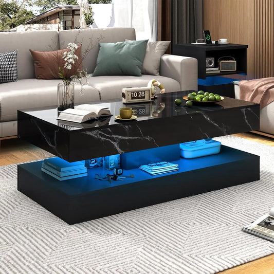 Modern Stylish Coffee Table W/LED lights, Double-Layer Design