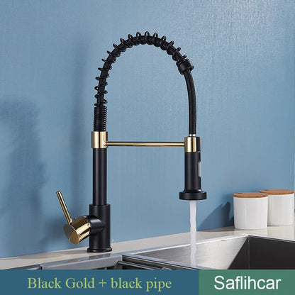 Brushed Gold Kitchen Sink Faucet Spring Pull-down Hot Cold Mixer