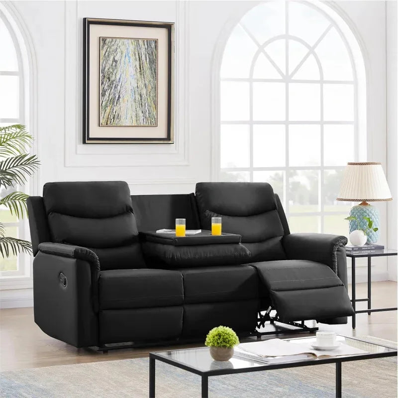77" Comfy Living Room Sofa Set W/2 recliners, 3 Seater Leather adjustable