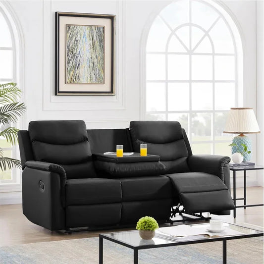 77" Comfy Living Room Sofa Set W/2 recliners, 3 Seater Leather adjustable