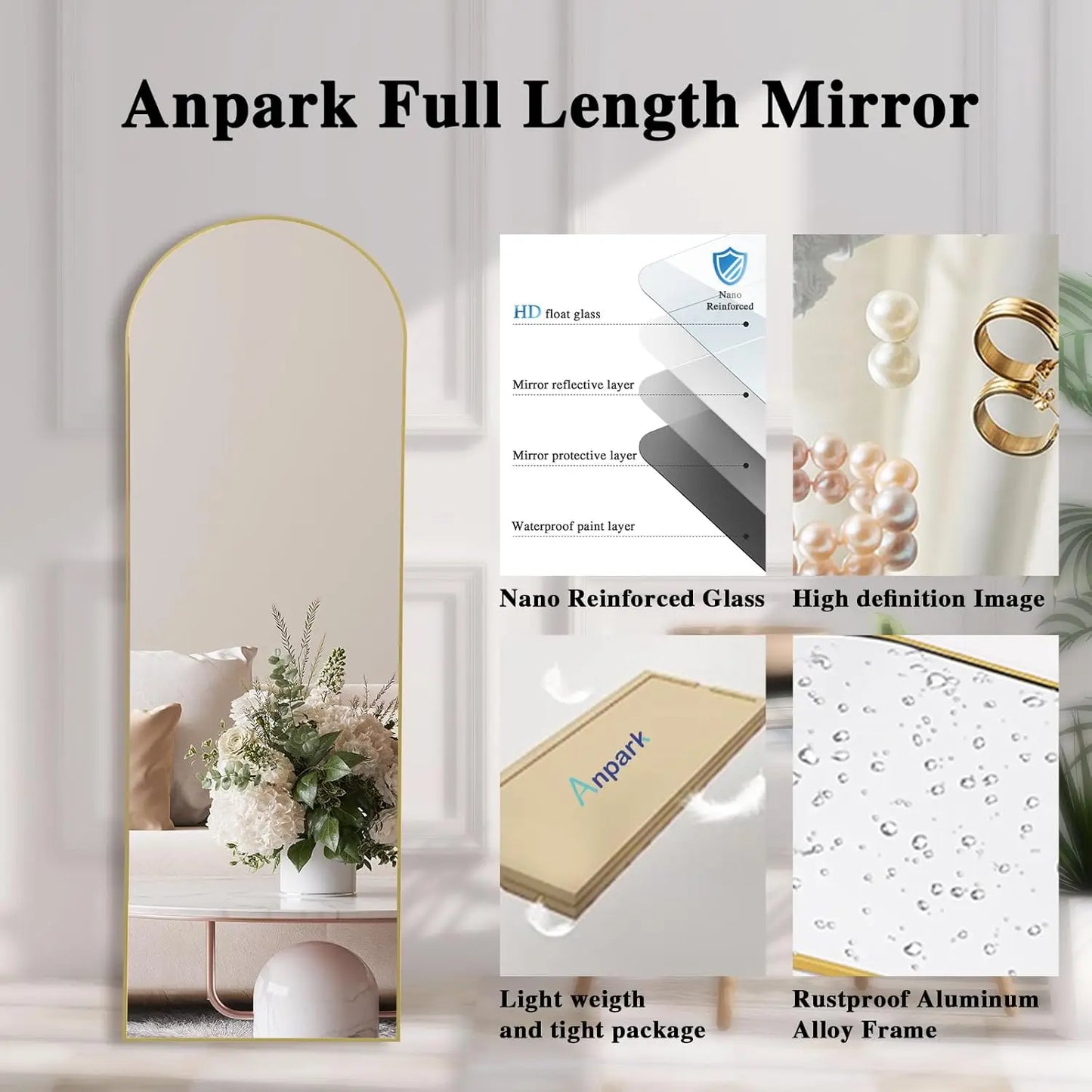 Gold Arched Mirror Full Length w/Stand 21" x 64"