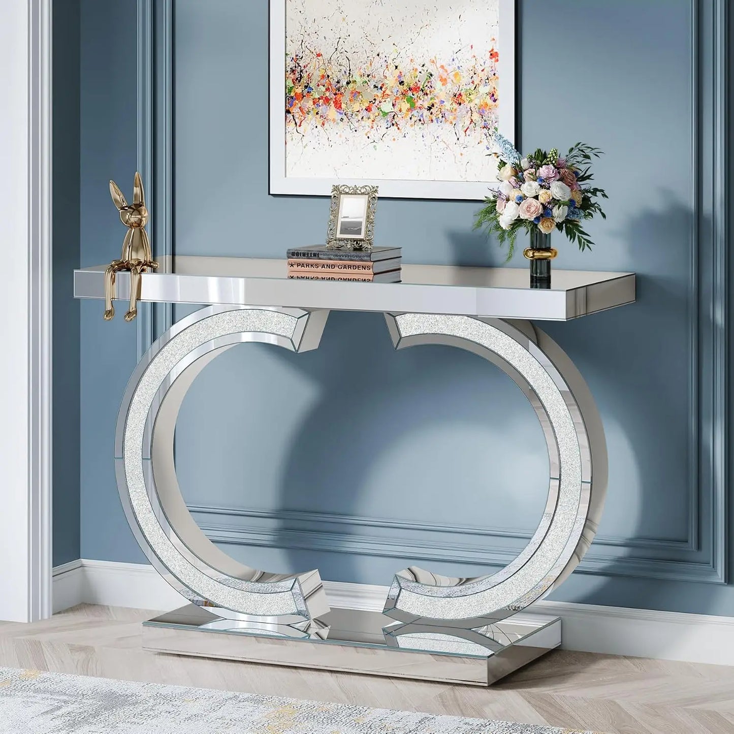 Mirrored Console Table w/O-Shaped Base