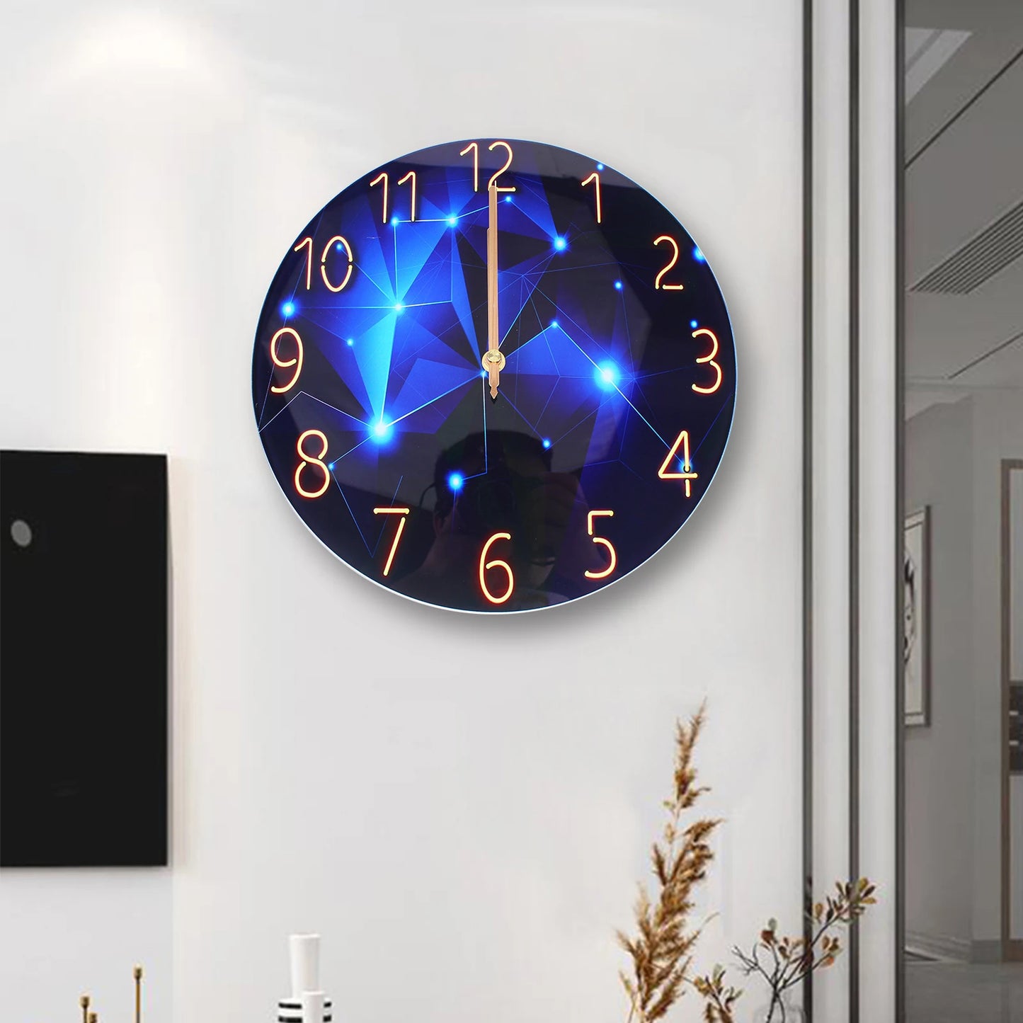 12" Round Ultra-Thin Tempered Glass Wall Clock, Blue Modern, Diamond Large Wall Clock