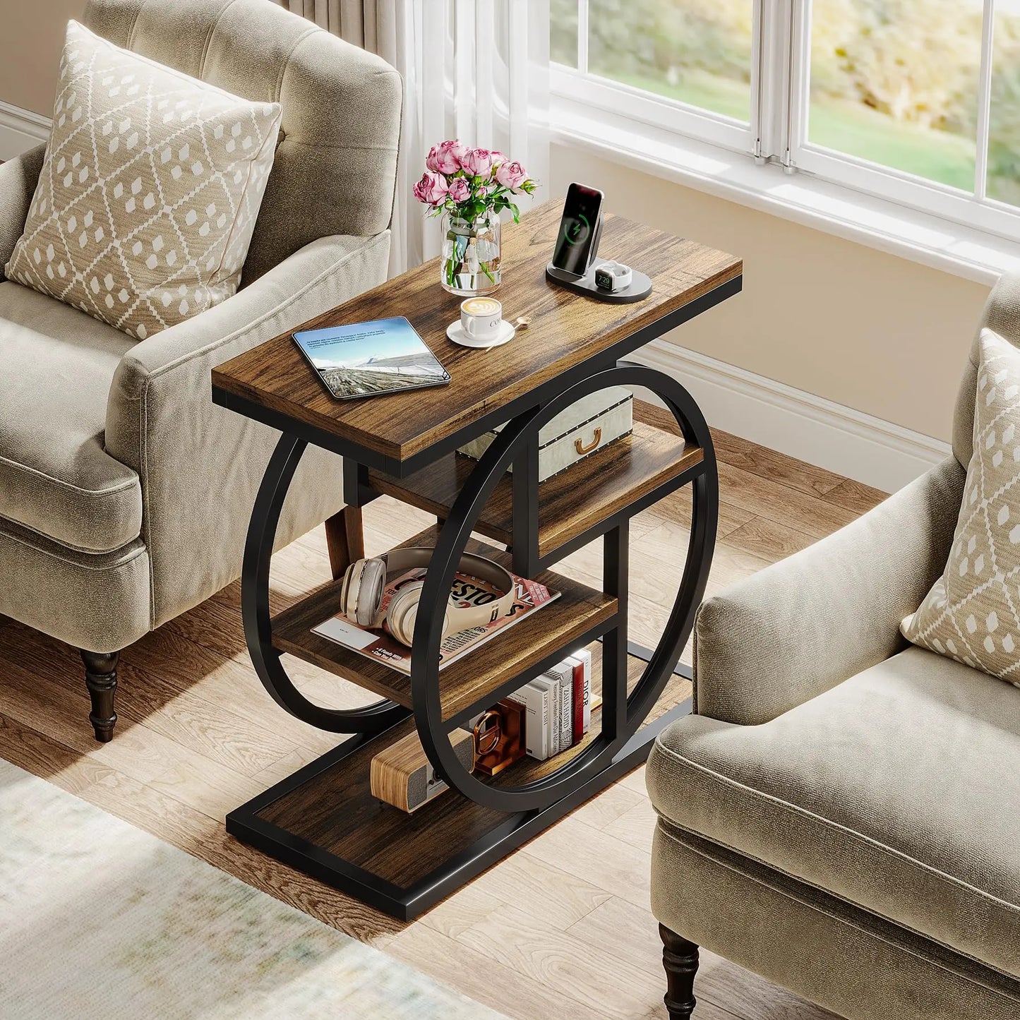 End Table for Living Room, 4 Tier Narrow side Table with Storage Shelves