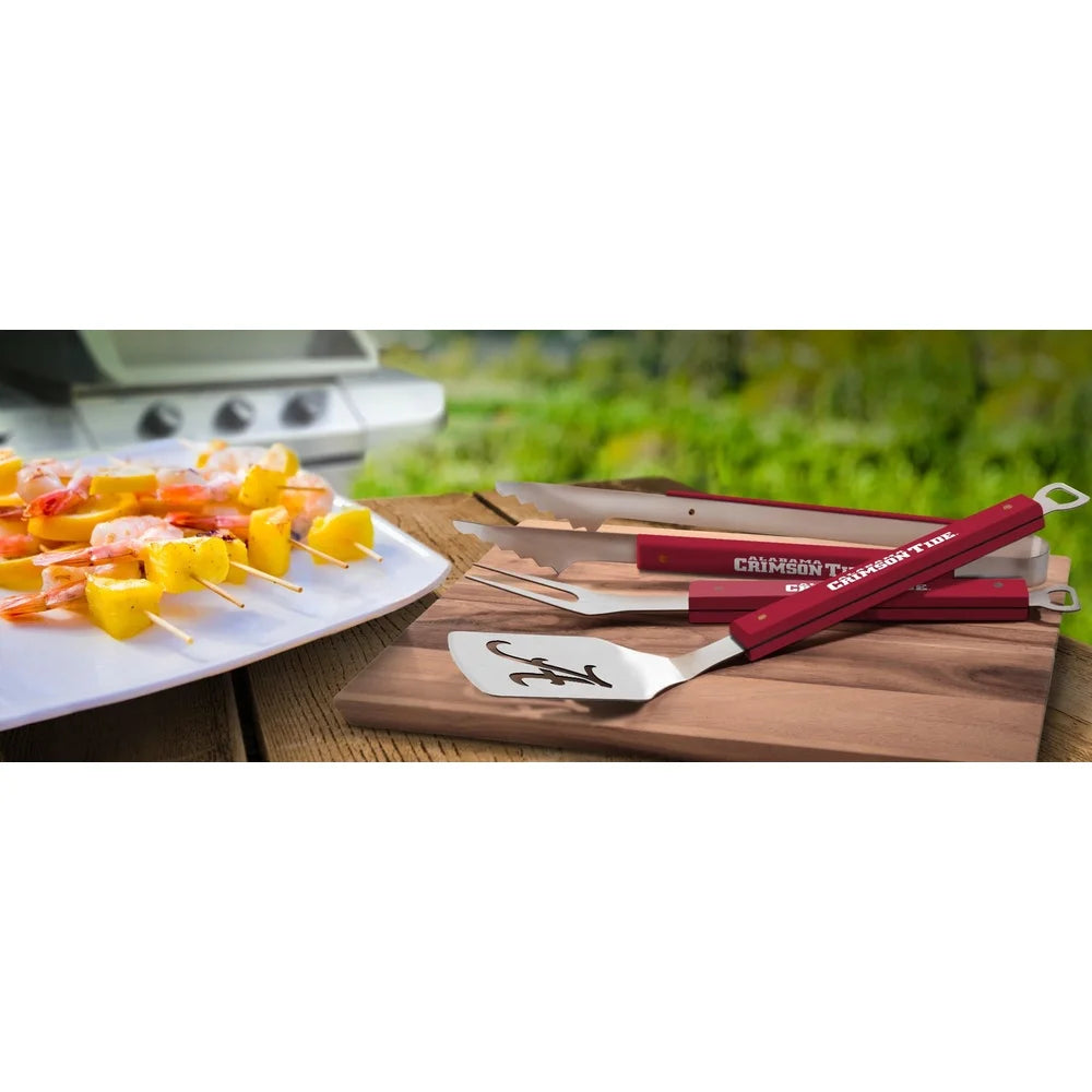 Official NCAA BBQ Tool Set 3 pc including Sportula Tongs, Fork Heavy Duty Stainless Steel Integrated Bottle Opener