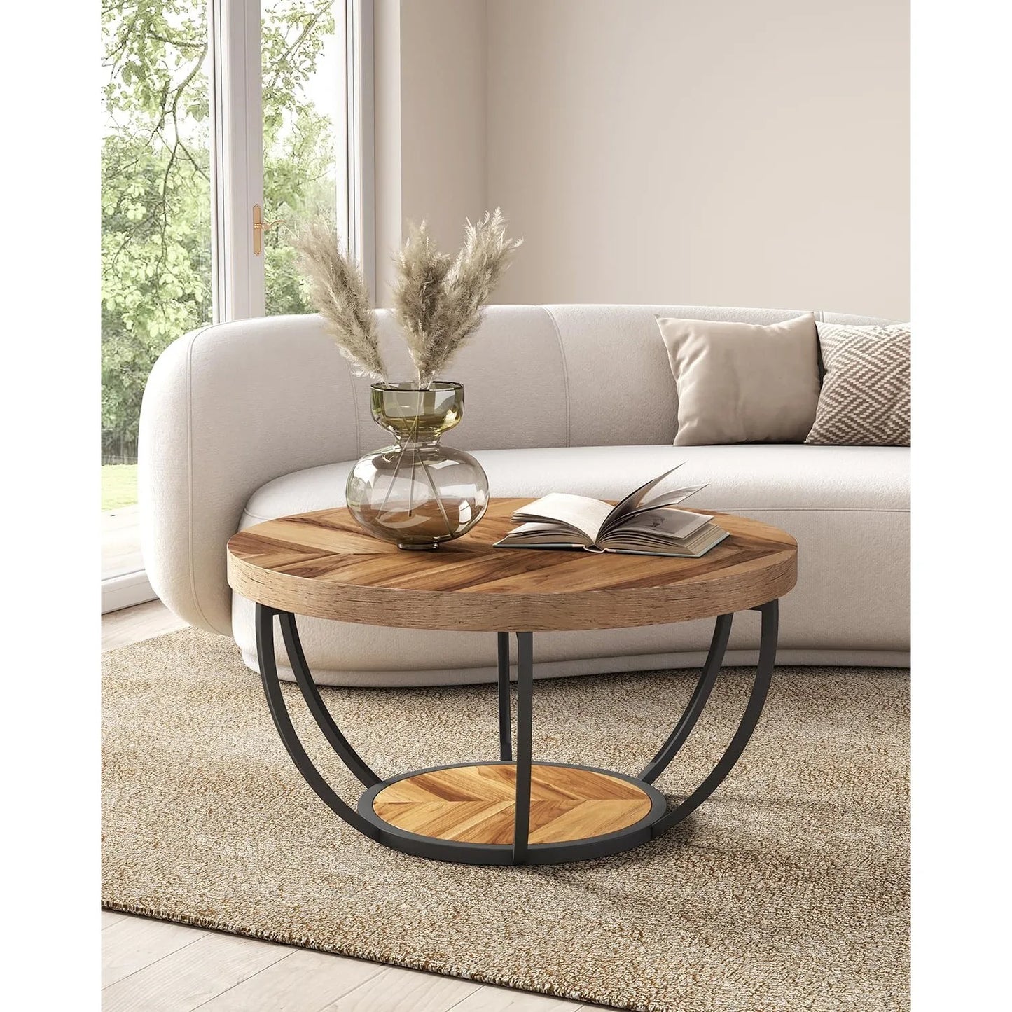Round Coffee Table, 32" for Living Room, 2 Tier Table W/Open Storage Design
