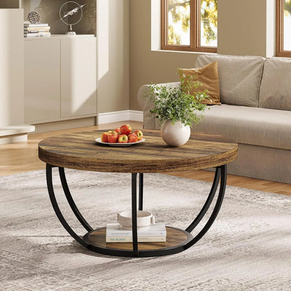 Round Coffee Table, 32" for Living Room, 2 Tier Table W/Open Storage Design