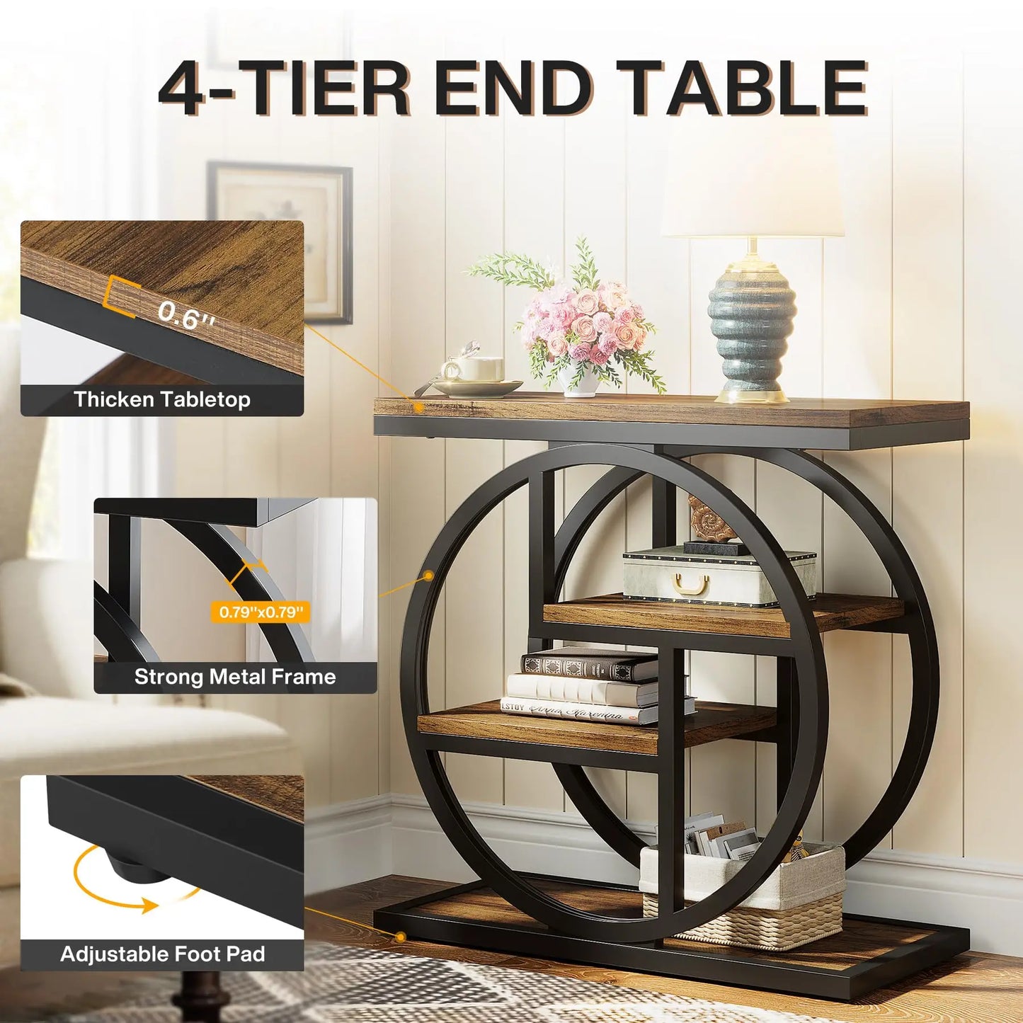 End Table for Living Room, 4 Tier Narrow side Table with Storage Shelves
