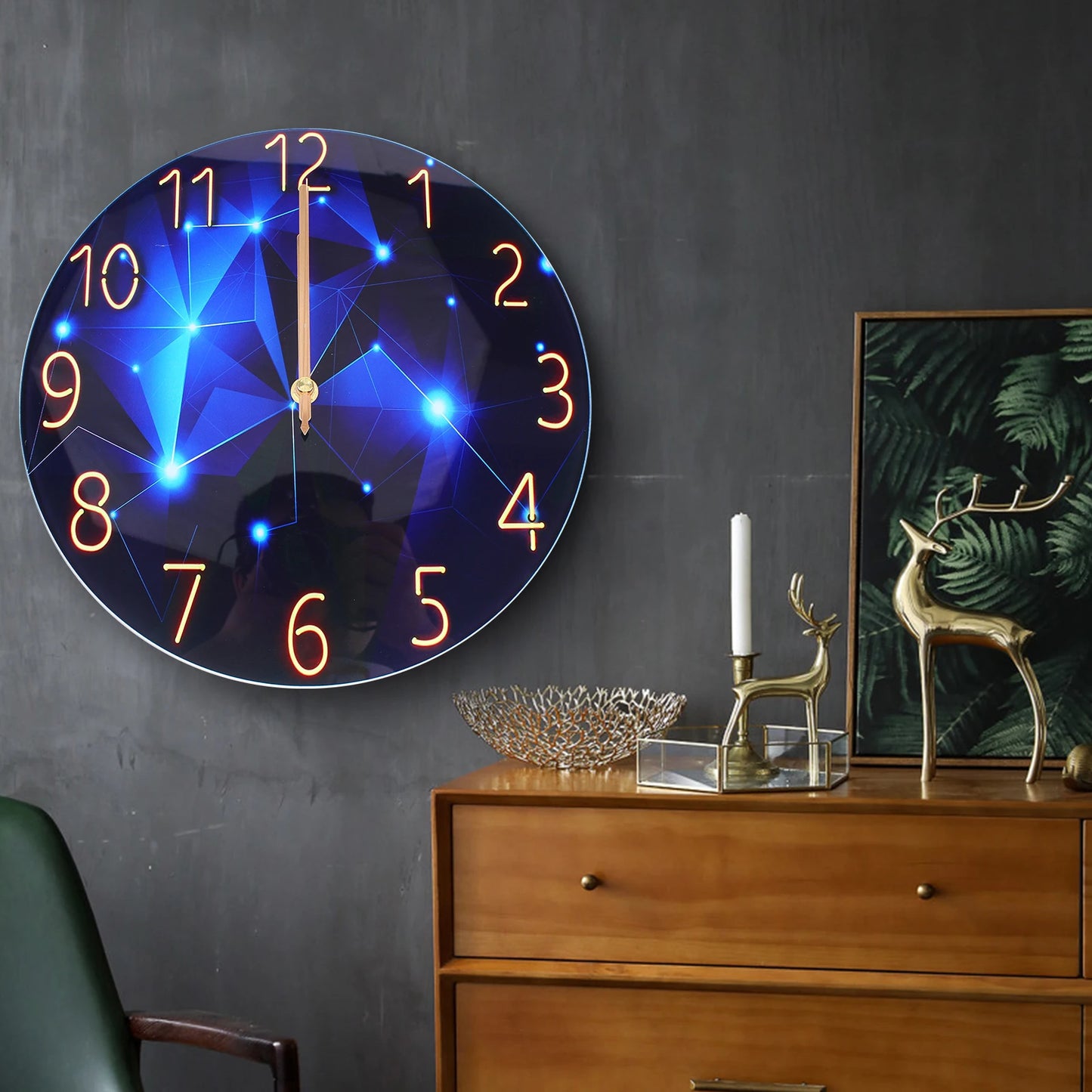 12" Round Ultra-Thin Tempered Glass Wall Clock, Blue Modern, Diamond Large Wall Clock