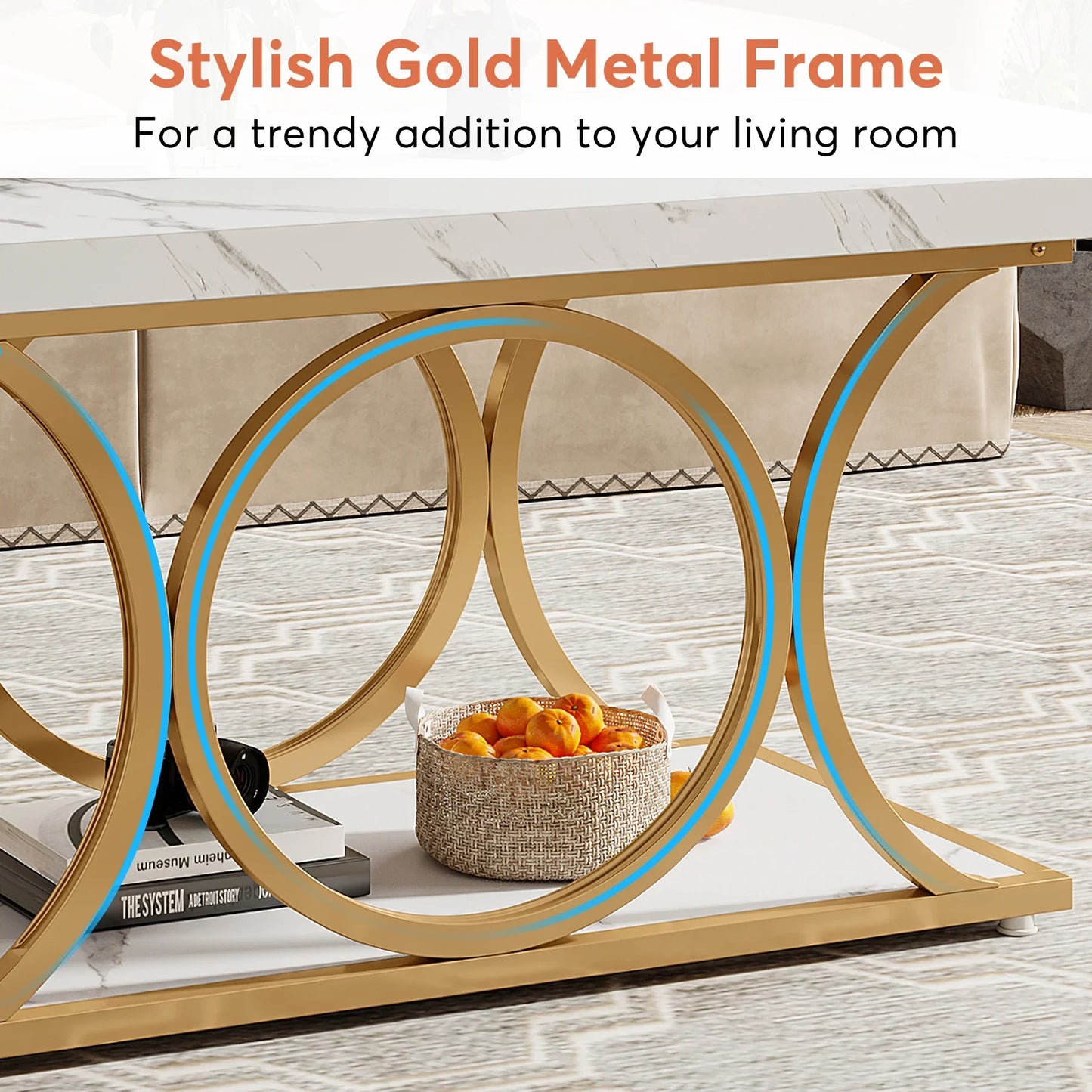 Modern Rectangle Coffee Table, 47.24",  2 Tier Faux Marble Wood