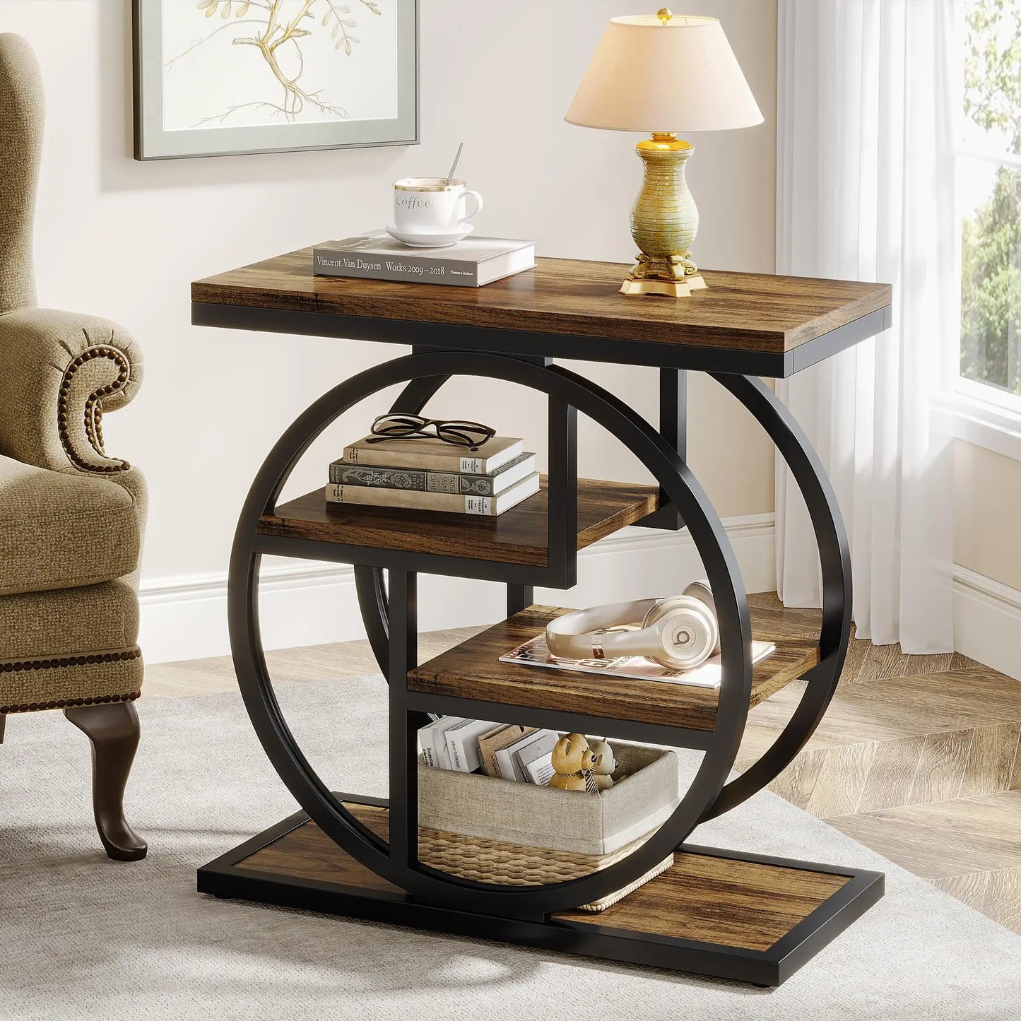 End Table for Living Room, 4 Tier Narrow side Table with Storage Shelves
