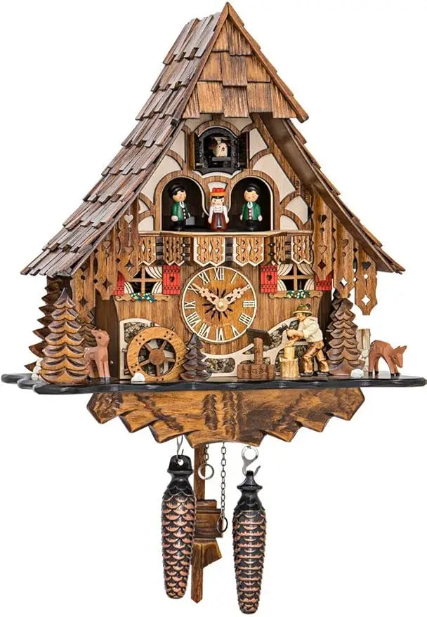Quartz Cuckoo Clock, Black Forest House w/Moving Wood Chopper and Mill Wheel and Music