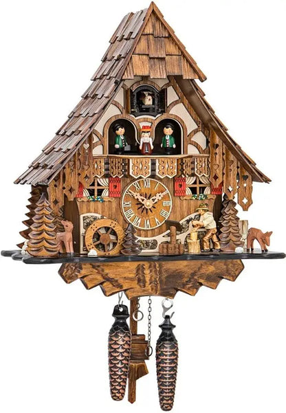 Quartz Cuckoo Clock, Black Forest House w/Moving Wood Chopper and Mill Wheel and Music