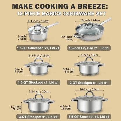 Stainless Steel Pots and Pans, Silver,  12 Piece