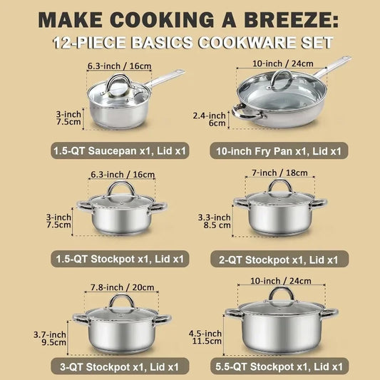 Stainless Steel Pots and Pans, Silver,  12 Piece