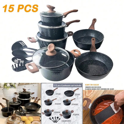 Hammered Nonstick Granite Cookware Set, 15 piece