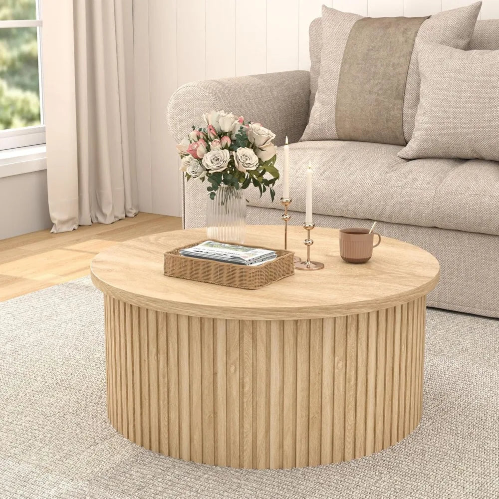 Round Coffee Table, 34.6"  Farmhouse Fluted and Storage